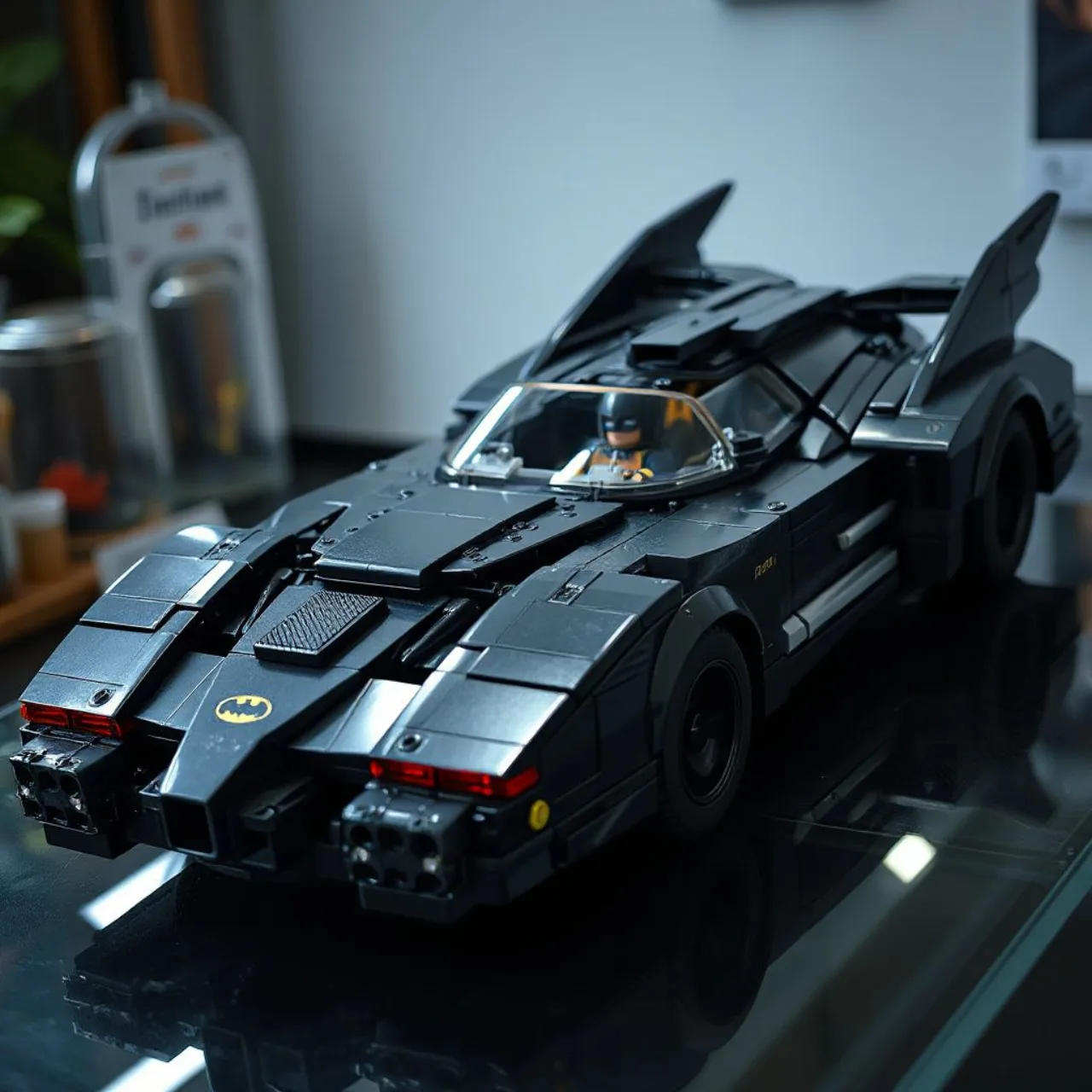 Batmobile LEGO Arkham Knight detalhado, com Batman minifigura ao lado, sobre fundo escuro de Gotham