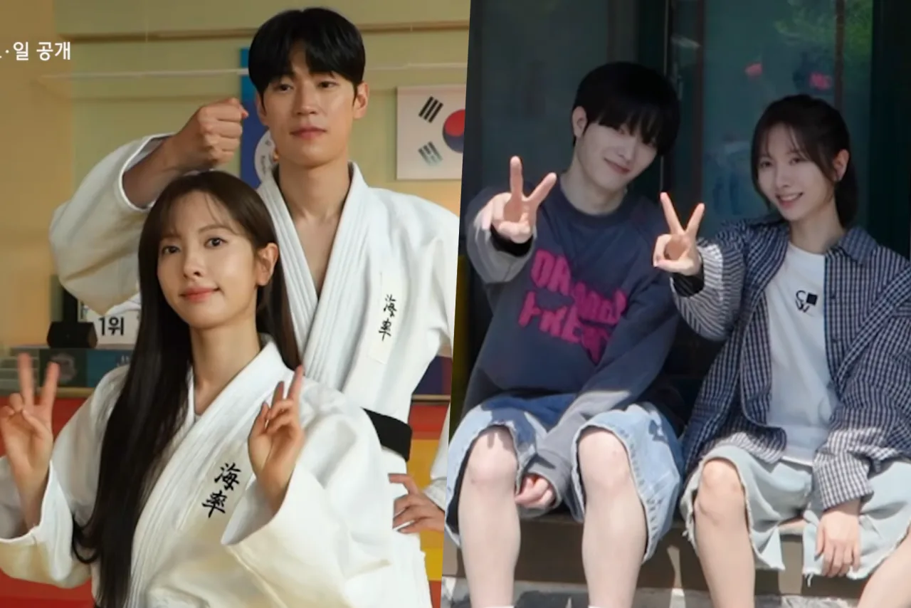 Kim Ji Yeon, Park Seo Ham e Jang Se Hyuk sorrindo juntos em um camarim, segurando microfones de karaokê