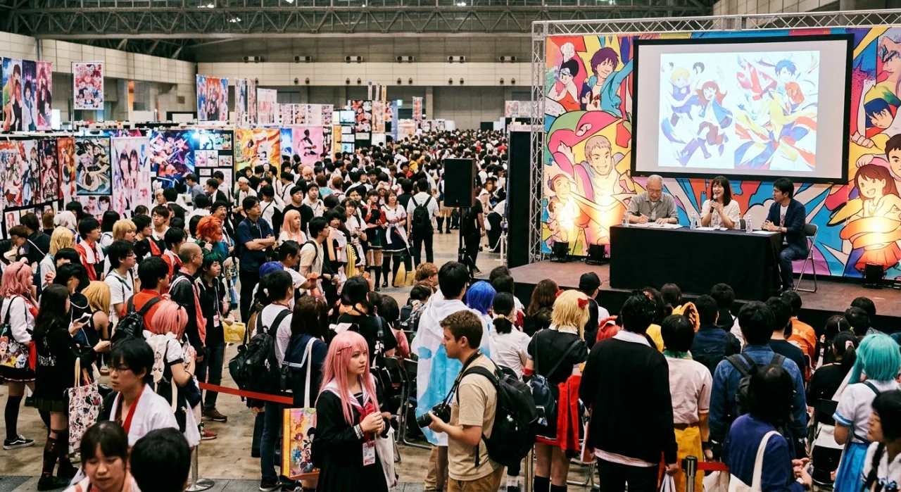 Junji Ito e Shoji Kawamori posam ao lado do logo do Manga Barcelona 2026, rodeados por capas de mangá e mechas