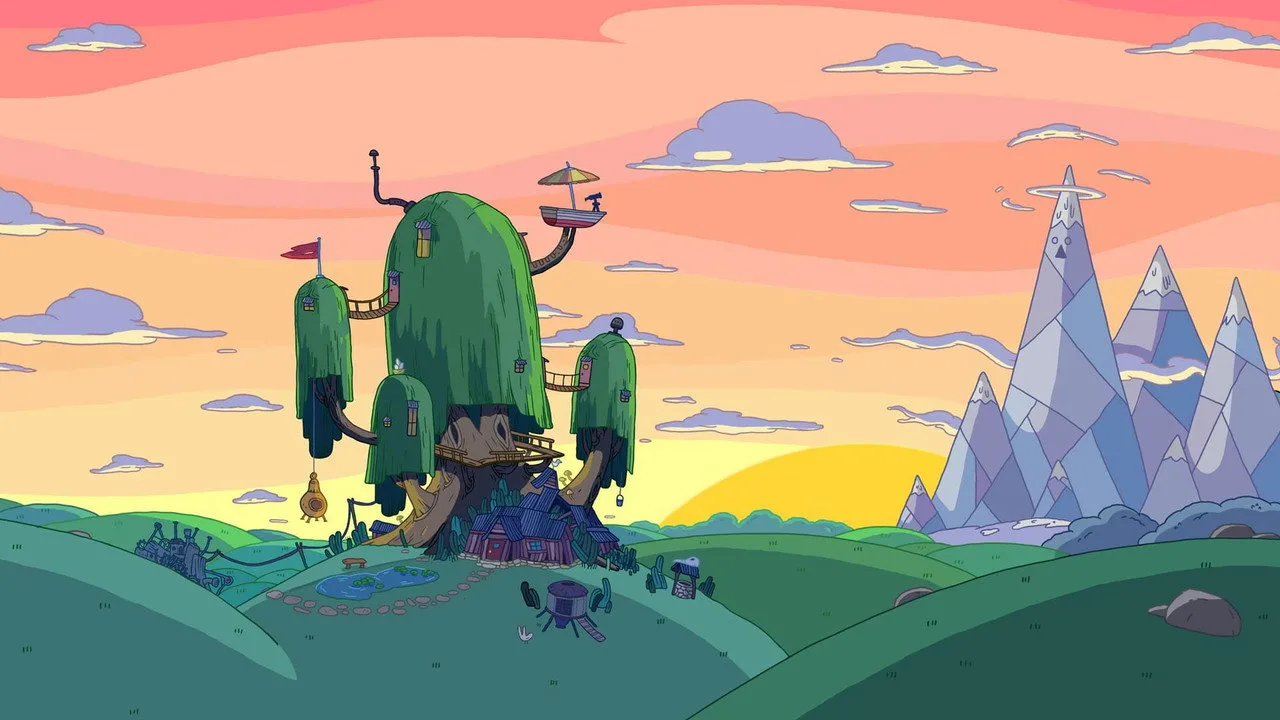 Finn e Jake em roupas de treino, fazendo agachamento com halteres, ao lado de uma garrafa d'água e um bowl de frutas