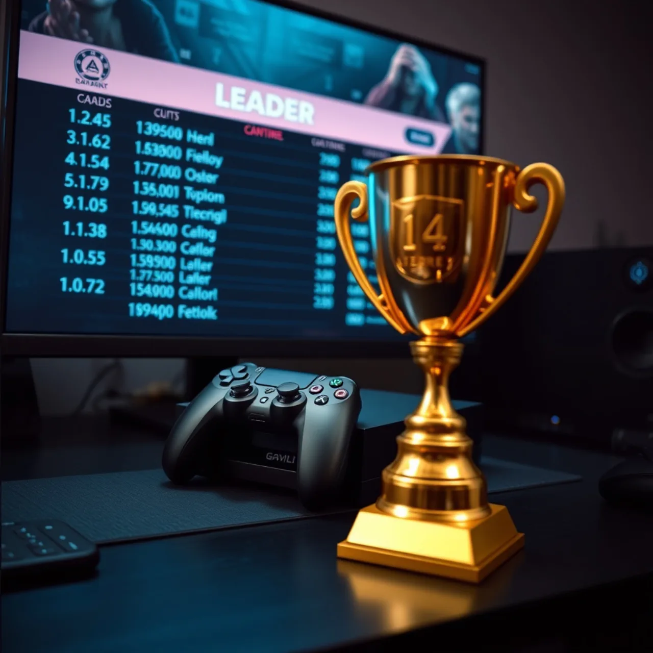 Xbox controller ao lado de um troféu de platina reluzente, contrastando com o clássico troféu dourado da PlayStation