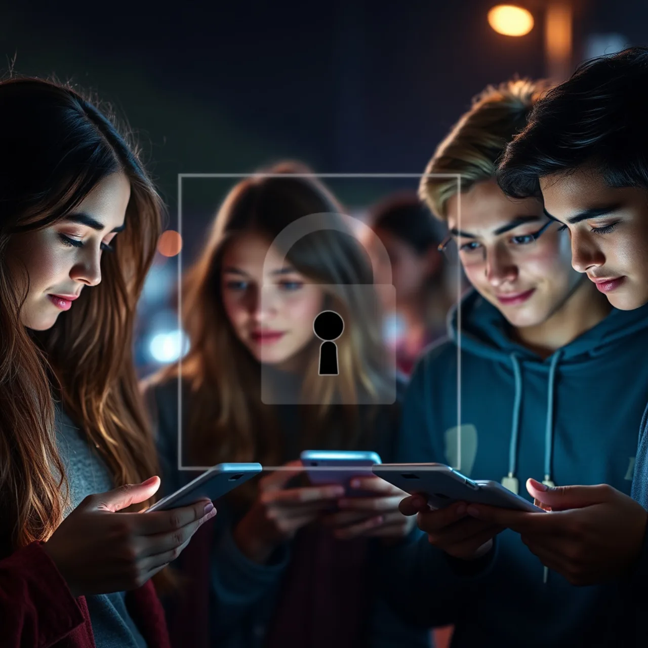 Adolescente segurando smartphone, cercado por ícones de coração, cérebro e cadeado, simbolizando saúde e segurança online