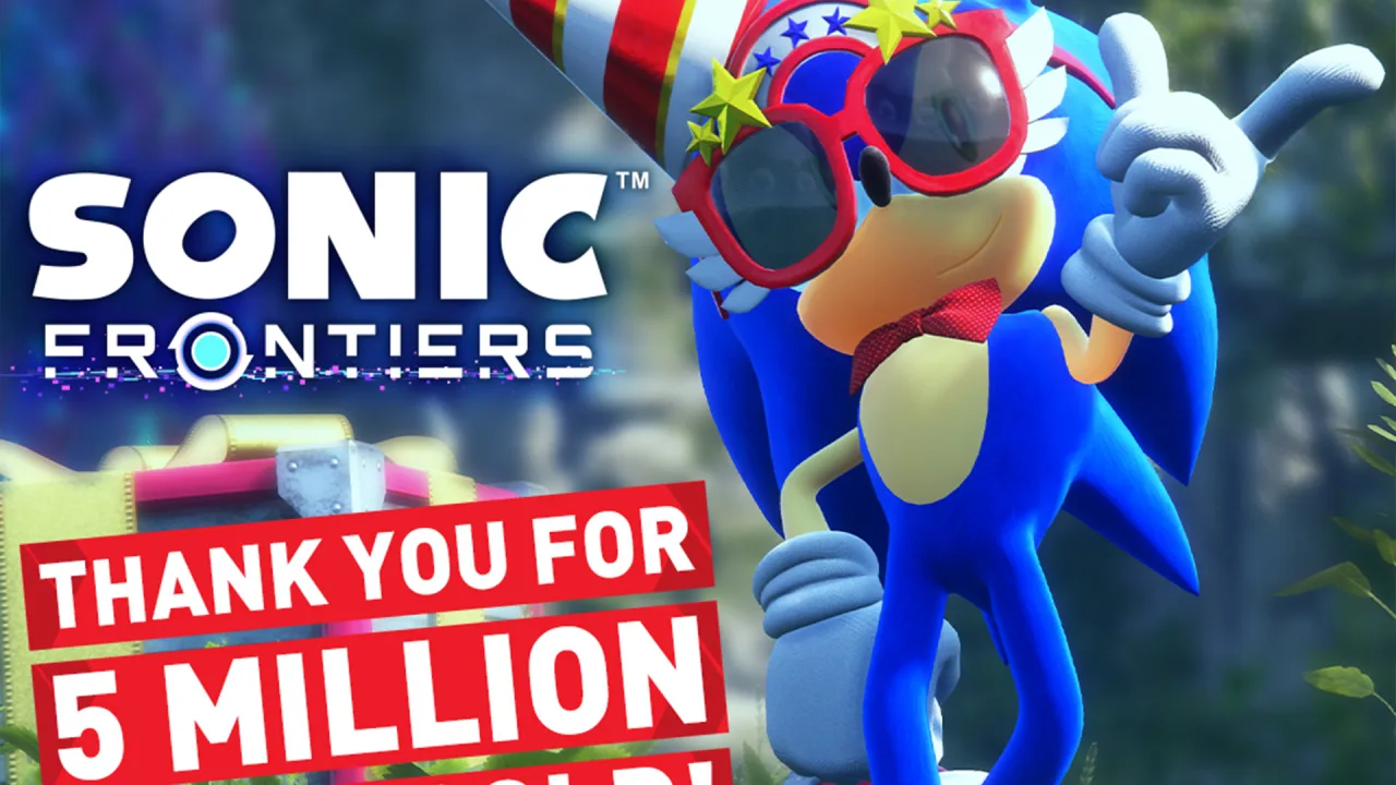 Corredor em roupa esportiva, fones nos ouvidos, passando por uma tela gigante mostrando Sonic em mundo aberto