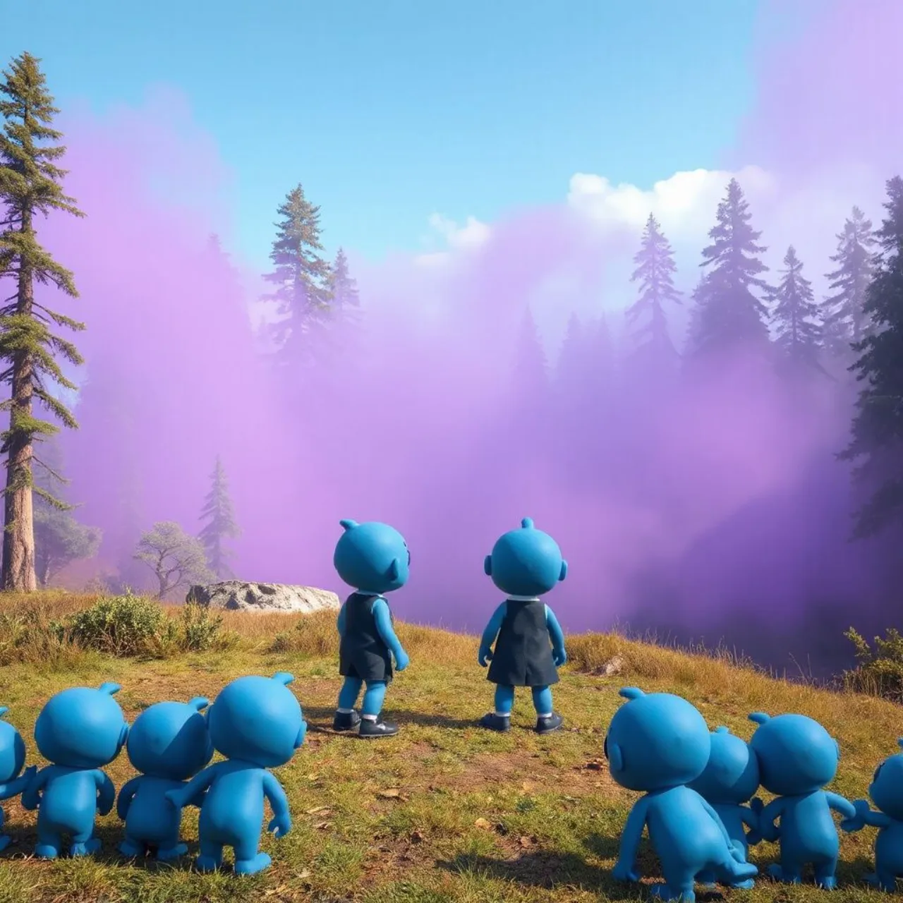 Smurfs roxos com olhos vazios cercam um Smurf mordido, enquanto o fundo mostra a vila azul em caos