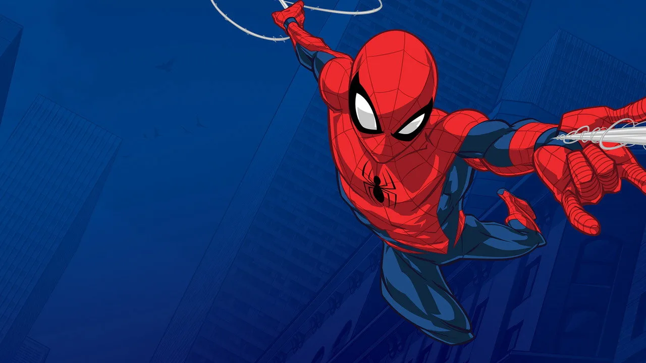Tom Holland em traje de Spider‑Man, executando um salto de agachamento com corda de batalha ao fundo