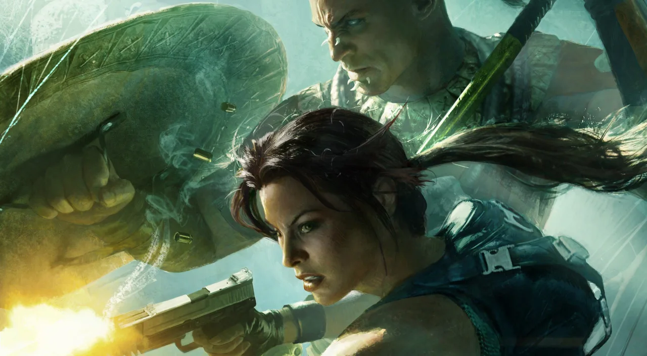 Lara Croft em pose atlética, segurando pistolas, em meio a ruínas antigas e vegetação densa de uma selva tropical