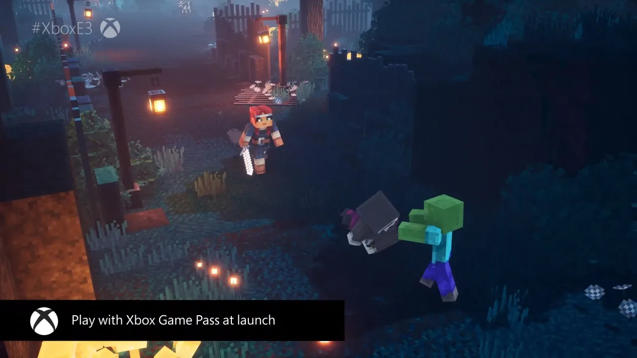 Jovem em roupa esportiva joga Minecraft Dungeons II no laptop, ao lado de garrafa d'água e halteres
