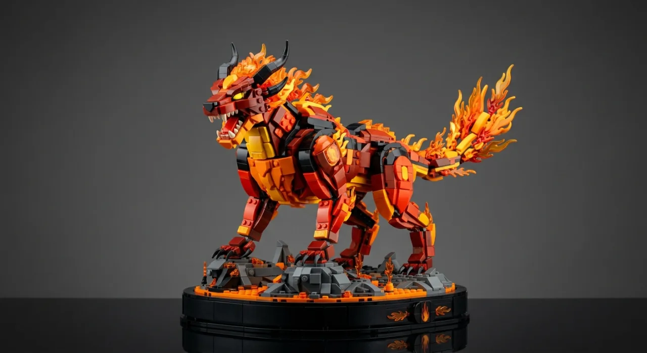 Blocos de montar LEGO formando o Pokémon Arcanine exibidos sobre uma mesa ao lado de uma pokebola estilizada