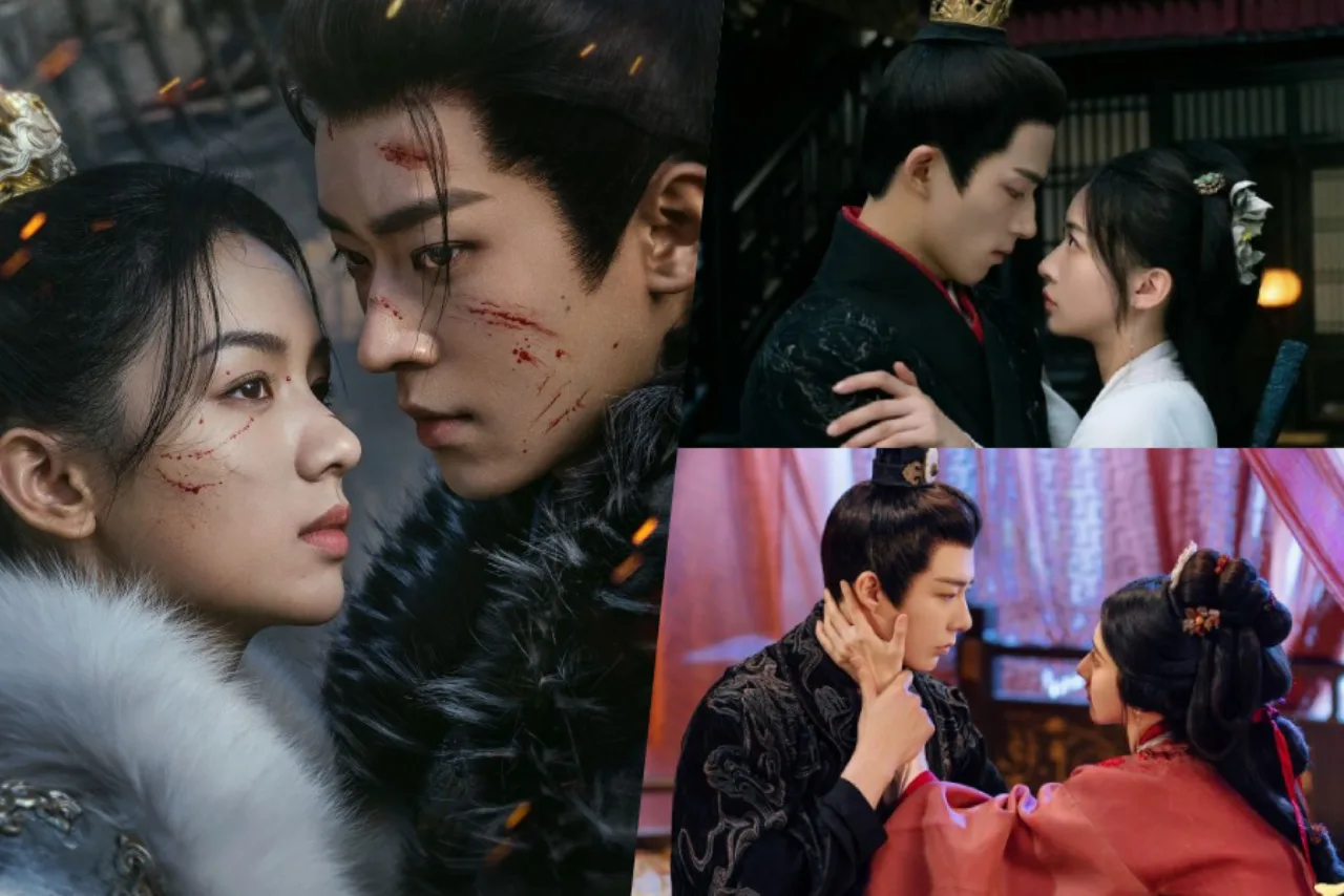 Protagonistas em trajes de época dos cinco C‑dramas, lado a lado, exibindo olhares cúmplices e cenários históricos