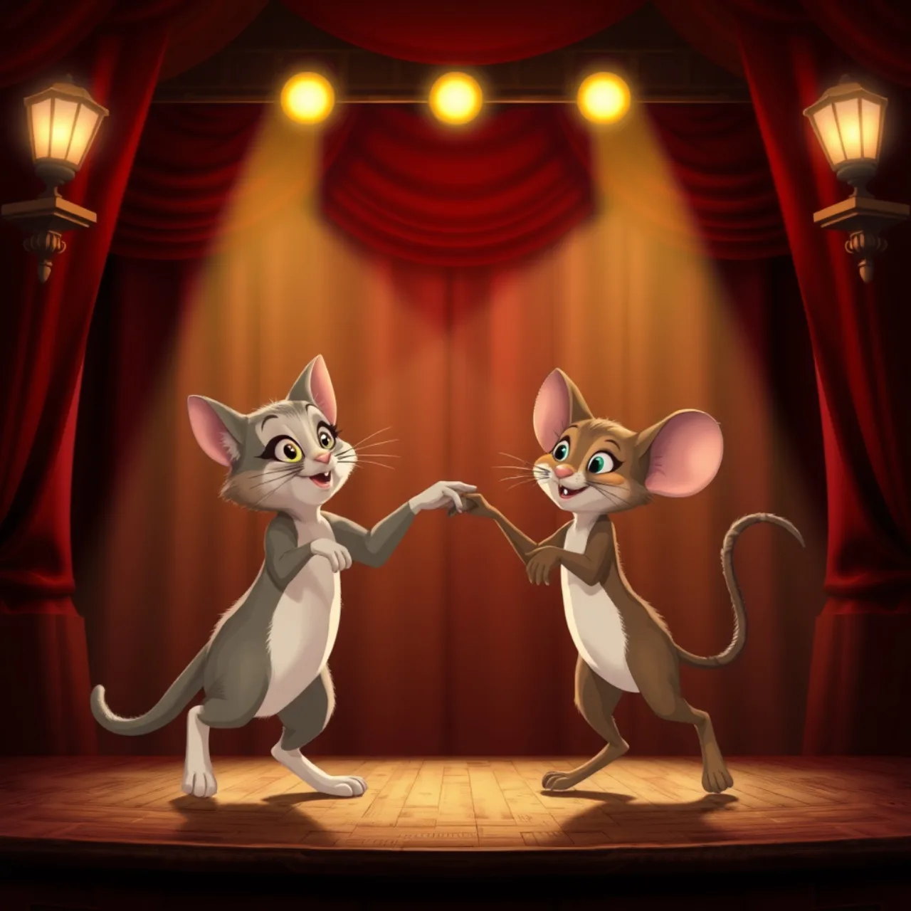 Casal sorrindo enquanto corre na esteira, ao fundo mascotes de desenho animado segurando garrafas d'água
