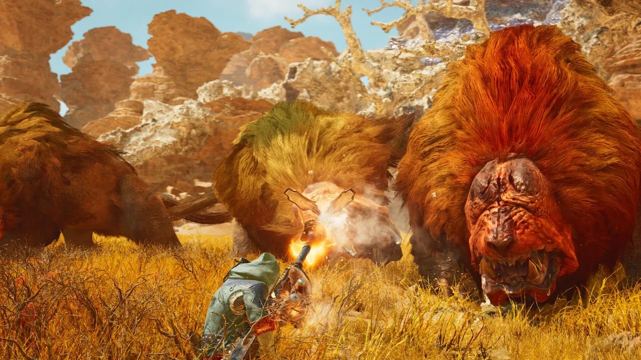 Jogador em pé, segurando controle, faz agachamento ao lado de um monitor exibindo Monster Hunter