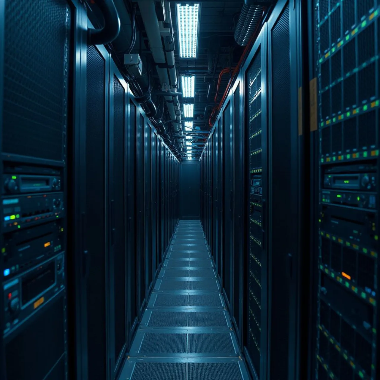 Rack de servidores com logotipo da Apple ao lado de placas Nvidia RTX, sugerindo integração de chips M e GPUs