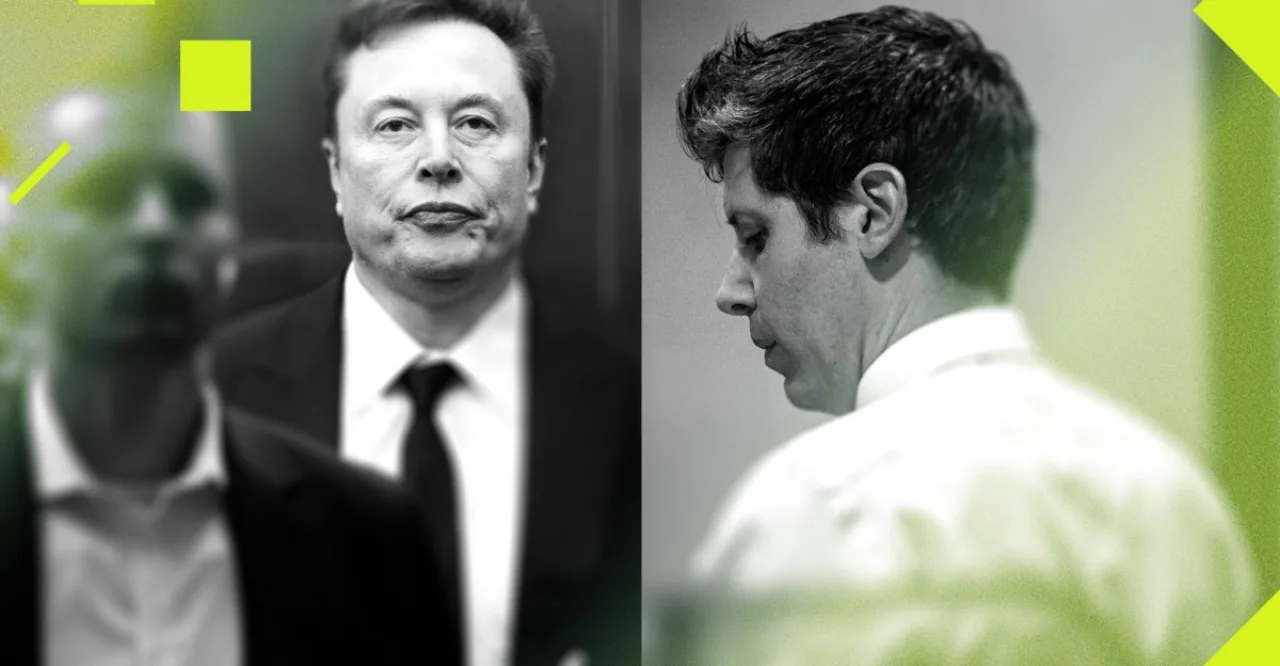 Dois executivos de terno discutindo frente a frente em um escritório moderno com telas de código ao fundo