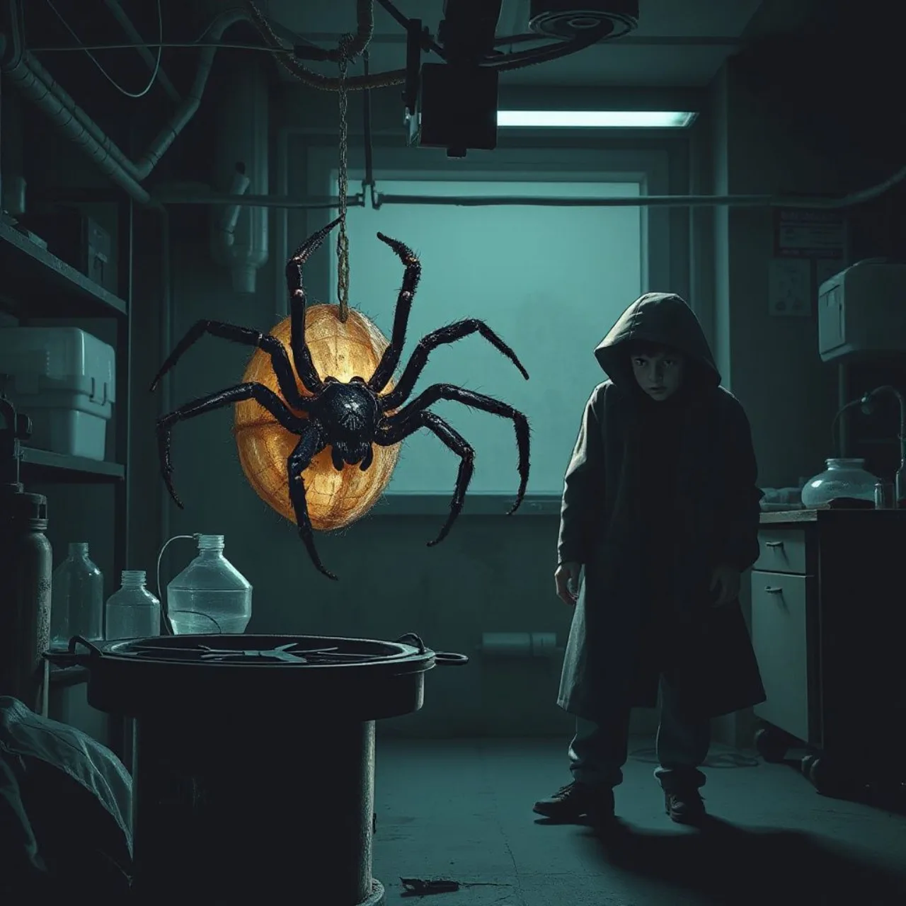 Spider-Man em traje preto com olhos vermelhos, sobre um céu noturno e arranha‑céus iluminados