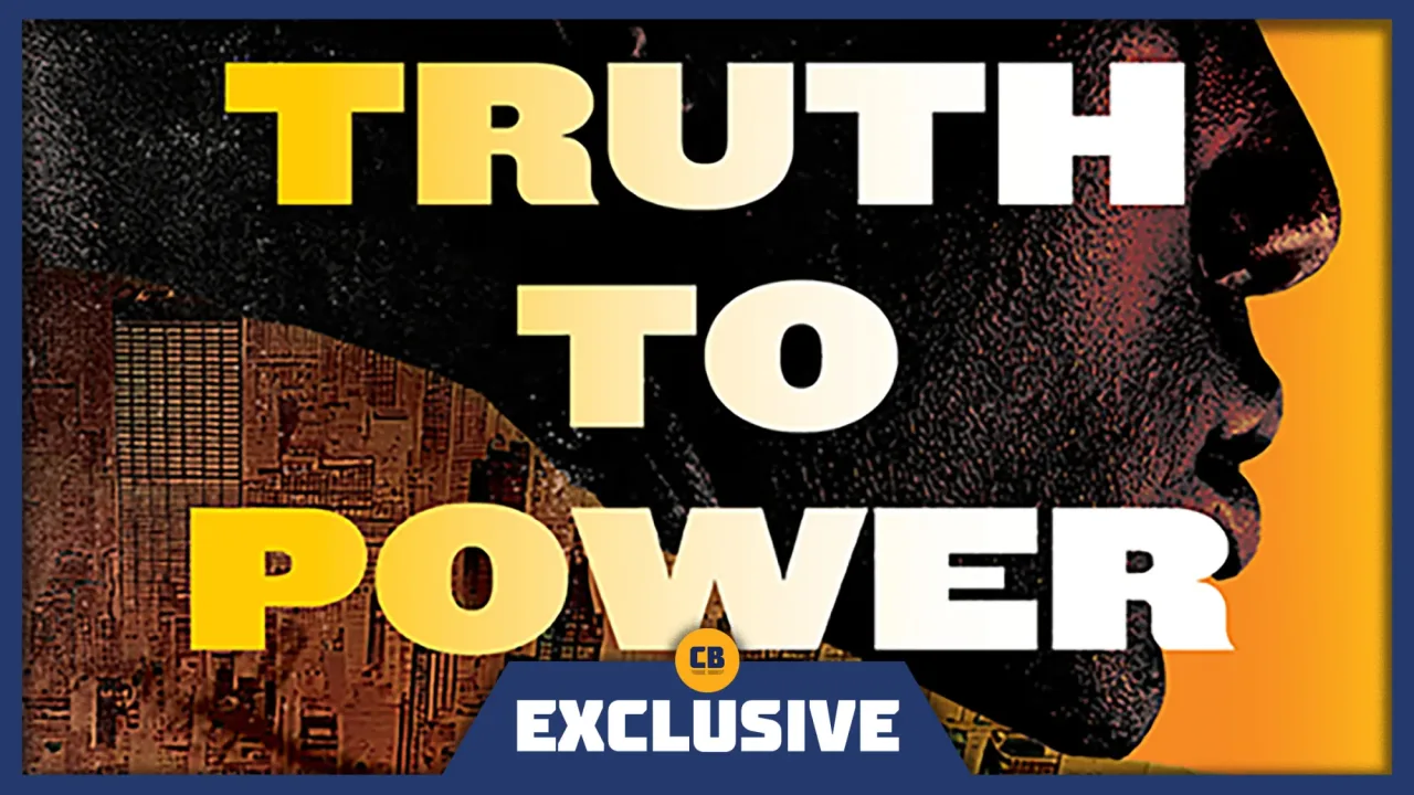 Luke Cage em pose heroica segura o livro “Truth to Power” contra fundo de rua sombria com o logo da Marvel