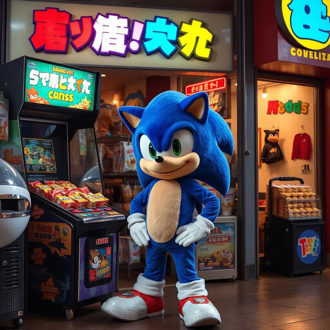 Sonic posando ao lado do logo da Round1 dentro de um arcade repleto de máquinas e banners da parceria