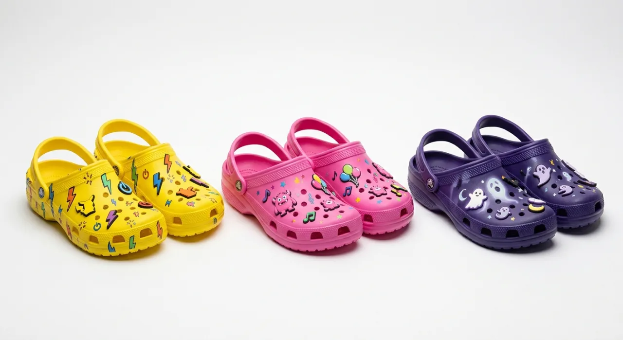 Jovem correndo na esteira usando Crocs Pokémon coloridos, segurando garrafa d'água e fone de ouvido