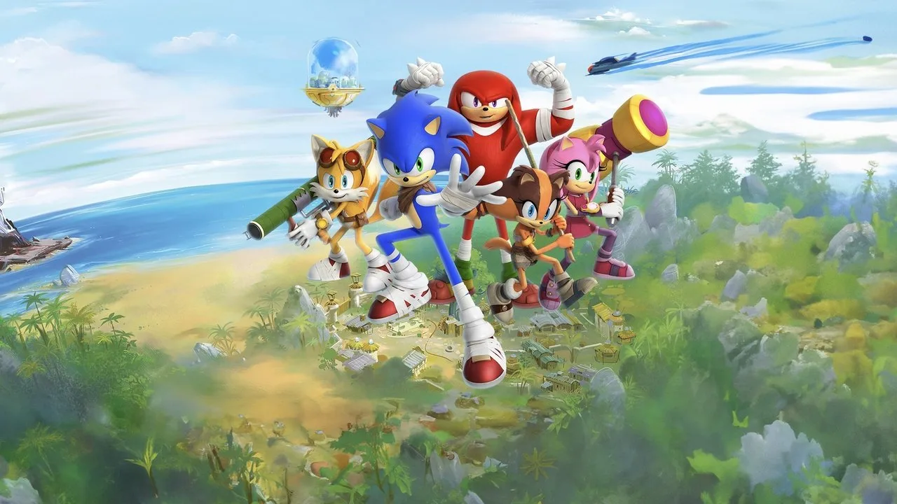 Sonic em pose dinâmica de corrida ao lado de um tênis esportivo, garrafa de água e um cronômetro digital na pista
