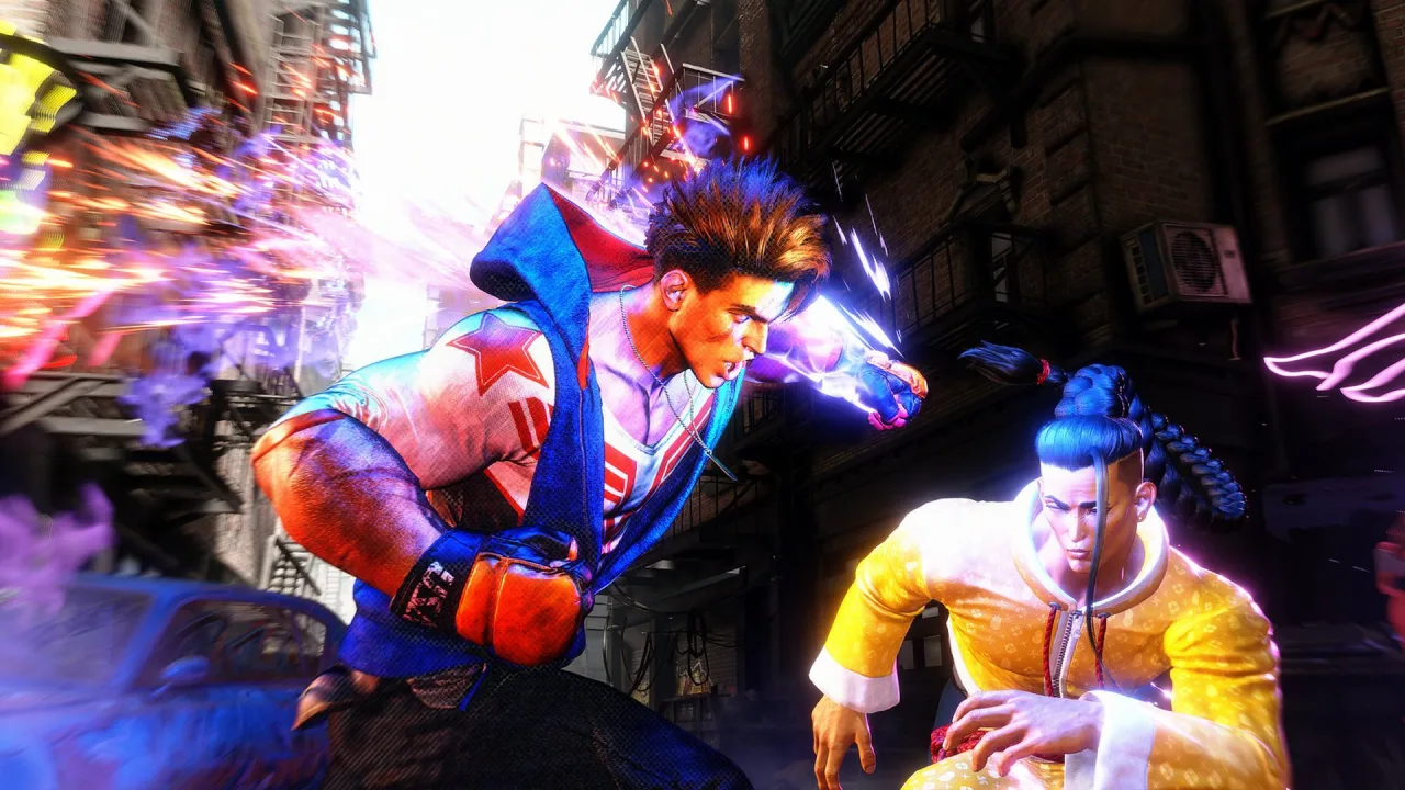 Jovem fazendo agachamento segurando controle de videogame, com pôster de Street Fighter 6 ao fundo