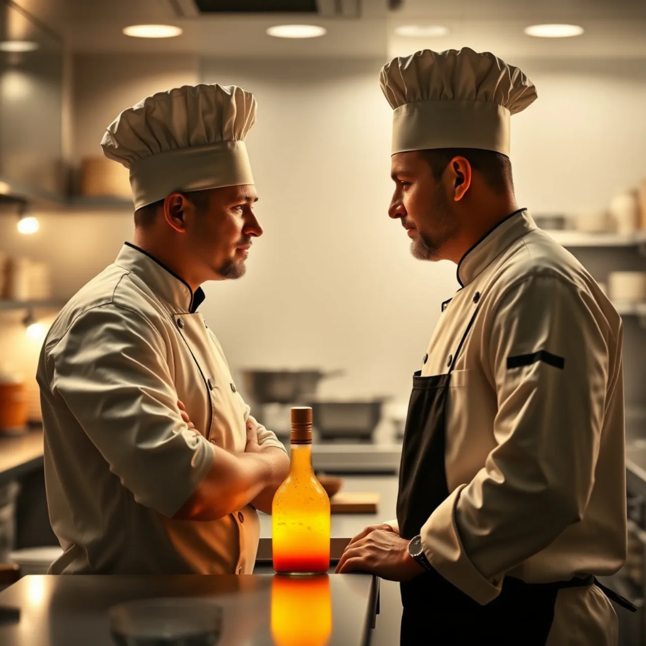 Jan segurando uma wok cheia de legumes coloridos, enquanto ao fundo o rival apresenta um frasco de molho XO Jiang