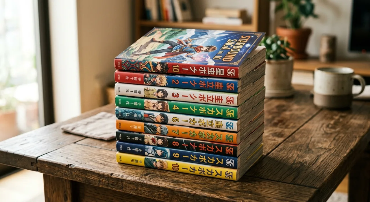 Jovem faz agachamento ao lado de quatro volumes de mangá e garrafa de água mineral