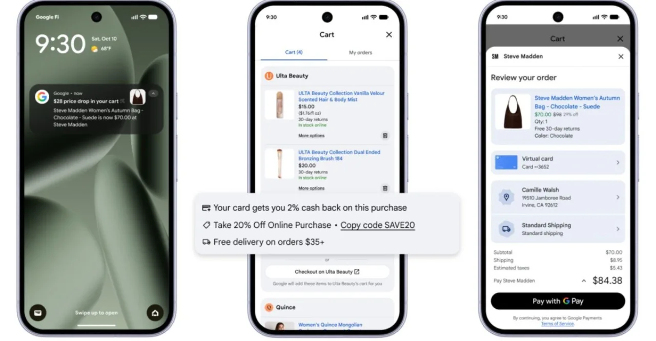 Tela do app Gemini exibindo o carrinho universal de compras ao lado do logotipo do Google