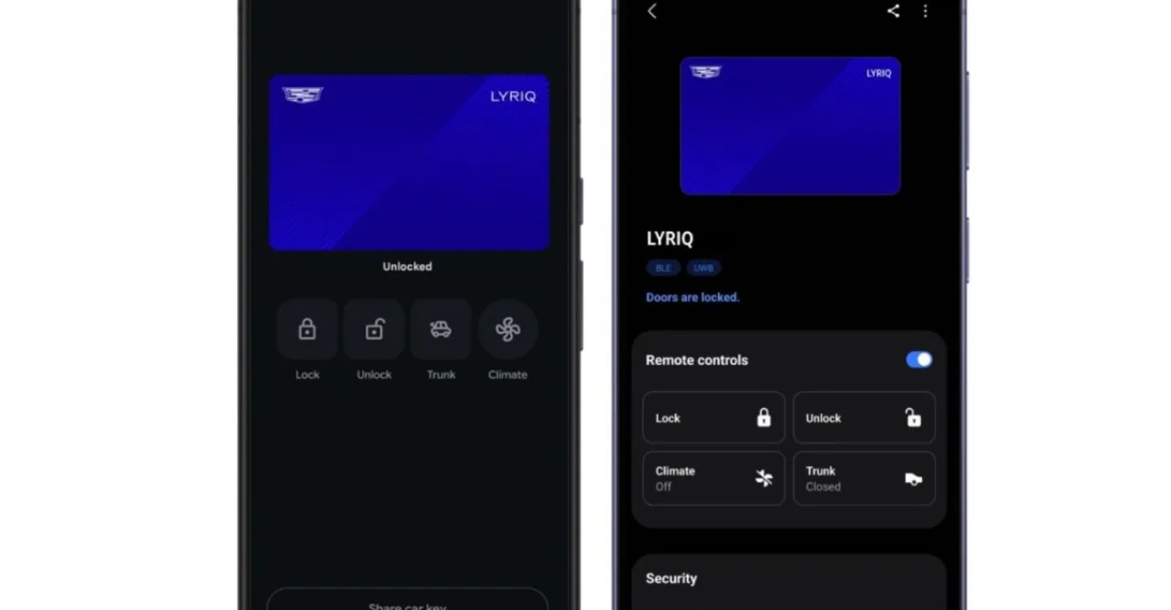 Smartphone com Samsung Wallet aberto mostrando chave digital ao lado do logotipo da GM e um carro Chevrolet