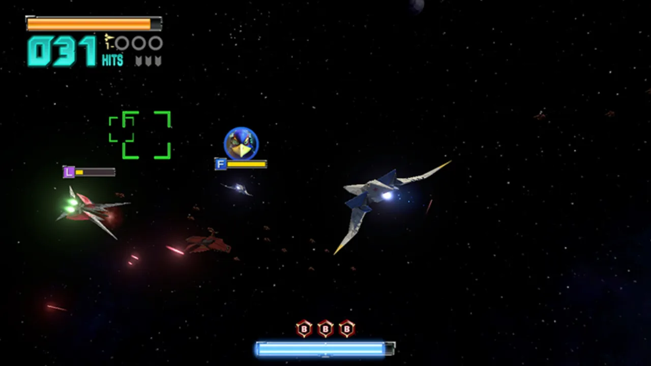 Pessoa em casa, segurando controle Switch 2, faz alongamento de braço enquanto joga Star Fox, luz natural