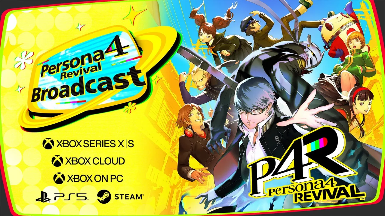 Jovem usando fone, fazendo agachamento enquanto segura controle de videogame, ao fundo pôster de Persona 4