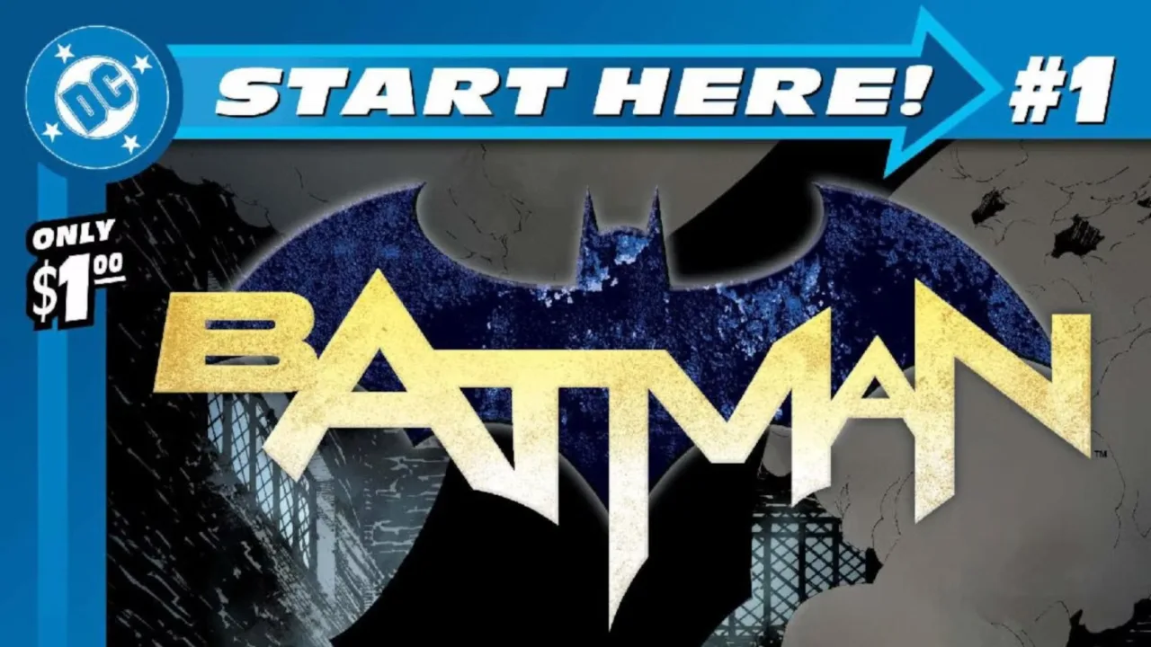 Jovem em roupa de Batman faz flexão sobre tapete, segurando halteres pretos e ao fundo pôster das edições reimpressas