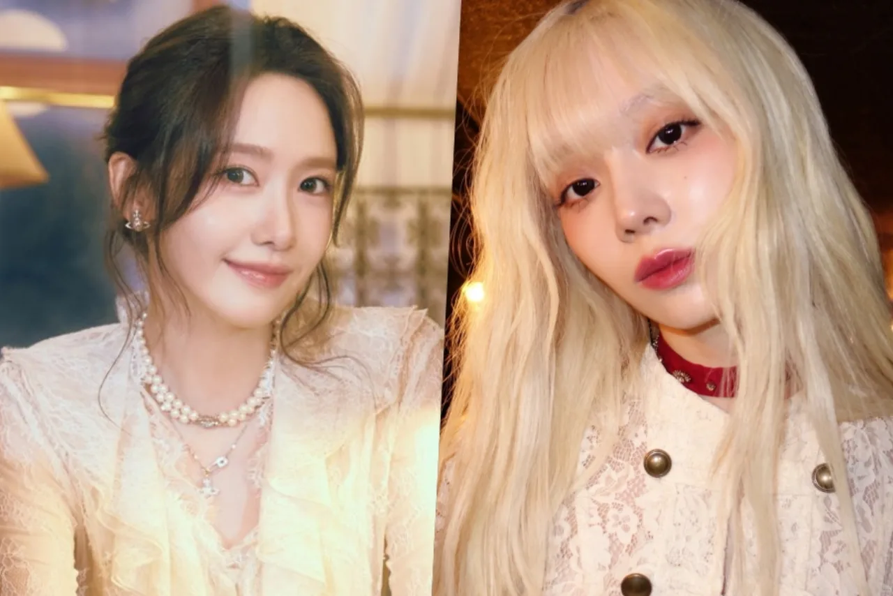 Yoona e Winter ao lado do logo da SM Entertainment, cercadas por ícones de alerta de deepfake e símbolos de justiça