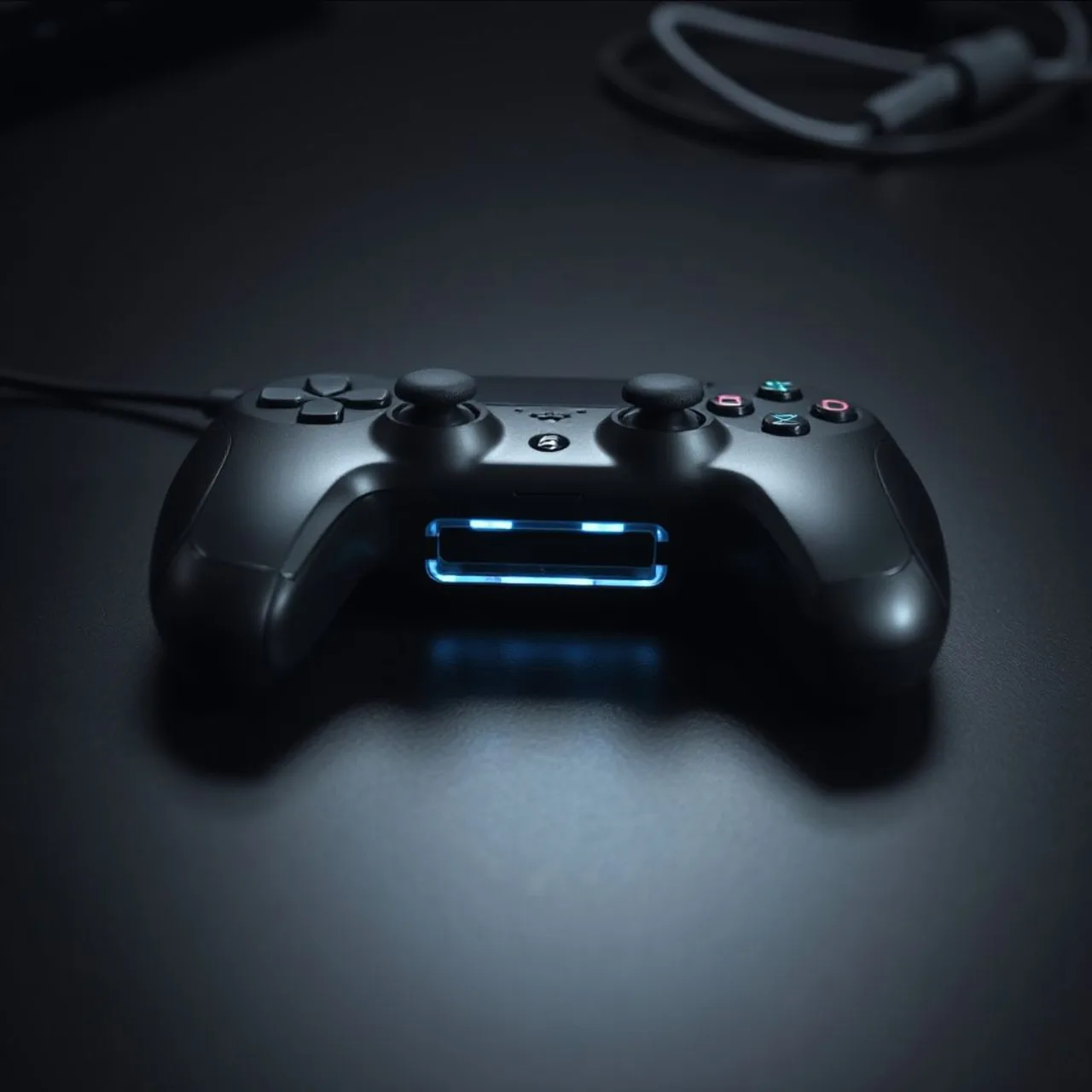 Controle PlayStation com leitor de cartão integrado ao lado de um cartão de crédito e logo da Sony
