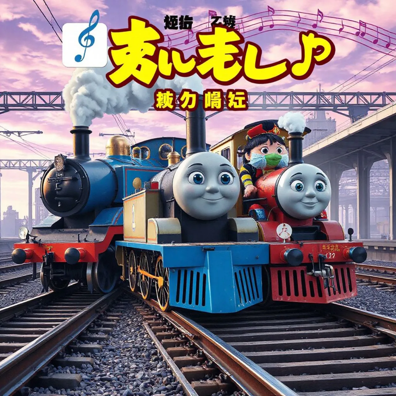 Personagens de Tetsuryō! junto às meninas‑trem de Tetsudō Musume, com o logo da série e fundo de trilho ferroviário