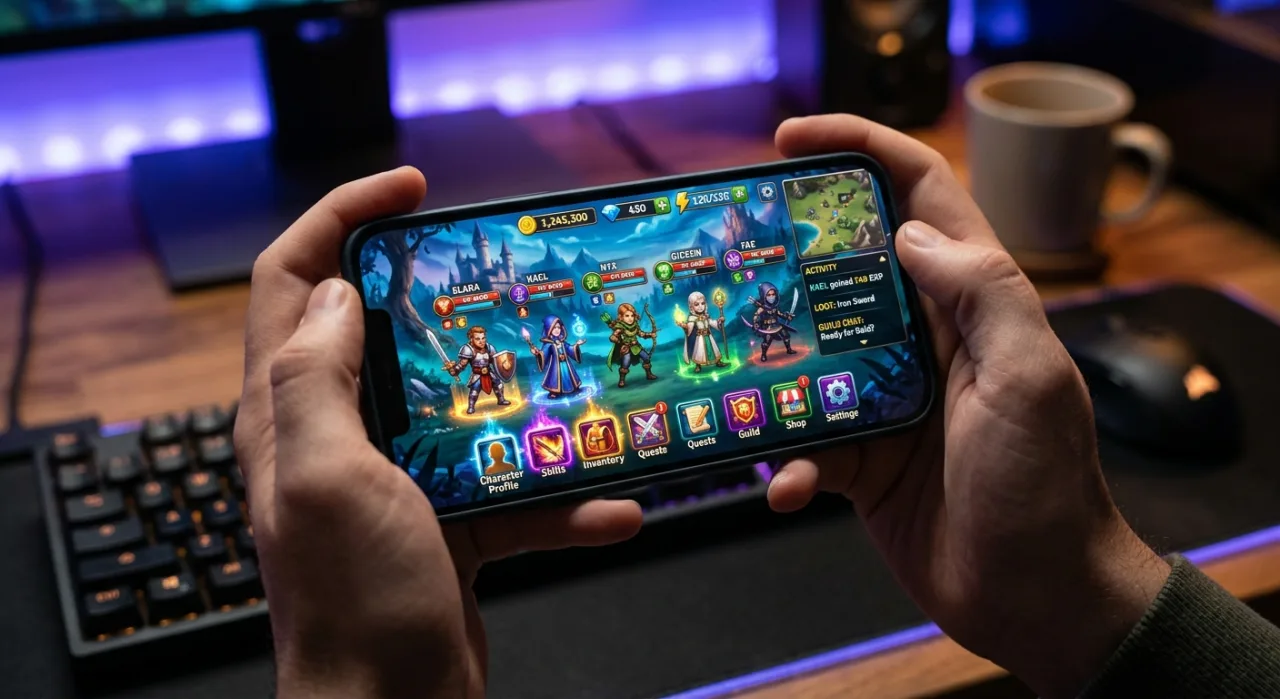 Personagens anime de Destiny Child ao lado do logo 'Destiny Child: Assemble' mostrando um celular com a tela do jogo
