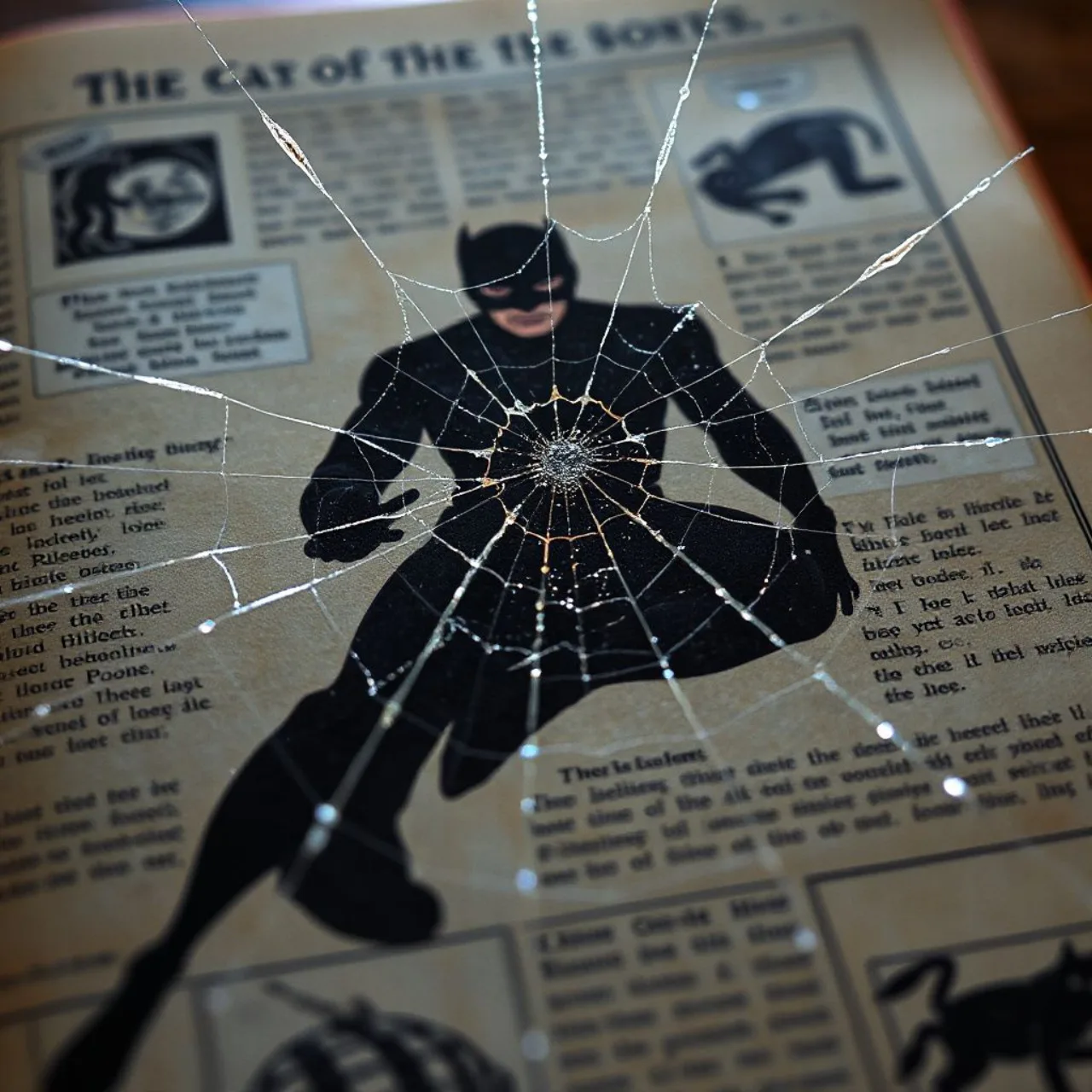 Spider-Man de traje clássico balançando entre arranha-céus com laboratório ao fundo cheio de frascos e símbolo do Venom