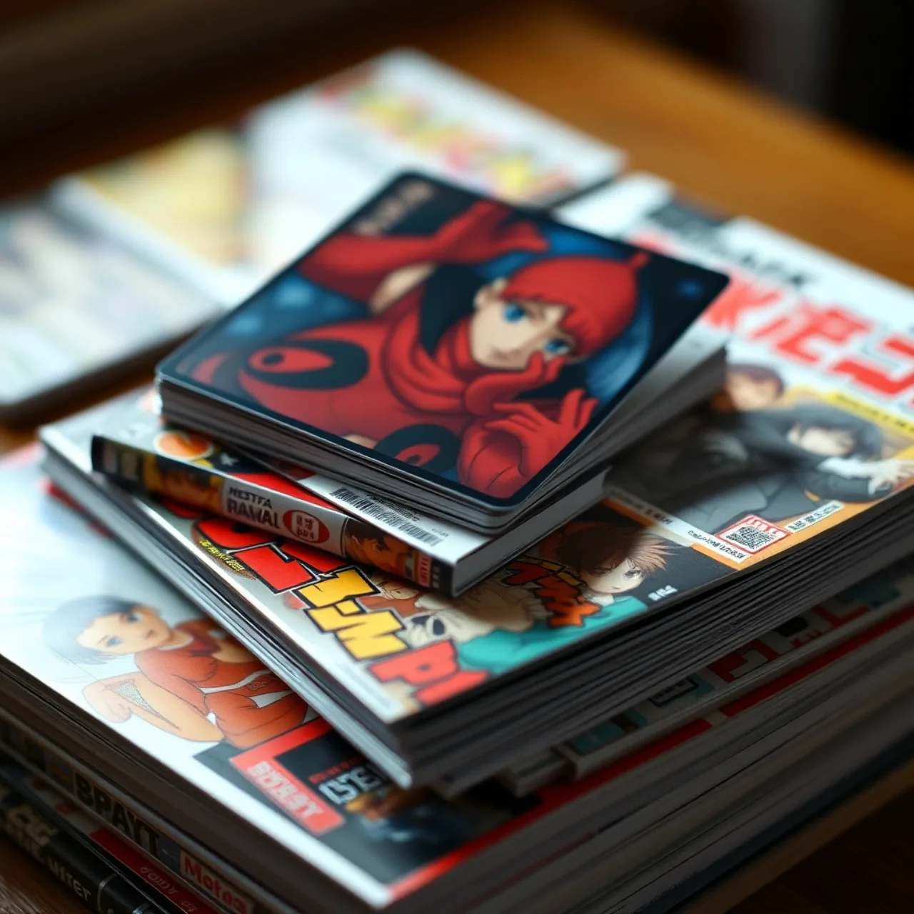 Jovem em roupa de academia, segurando a Weekly Shonen Jump aberta, enquanto faz agachamento com halteres ao lado
