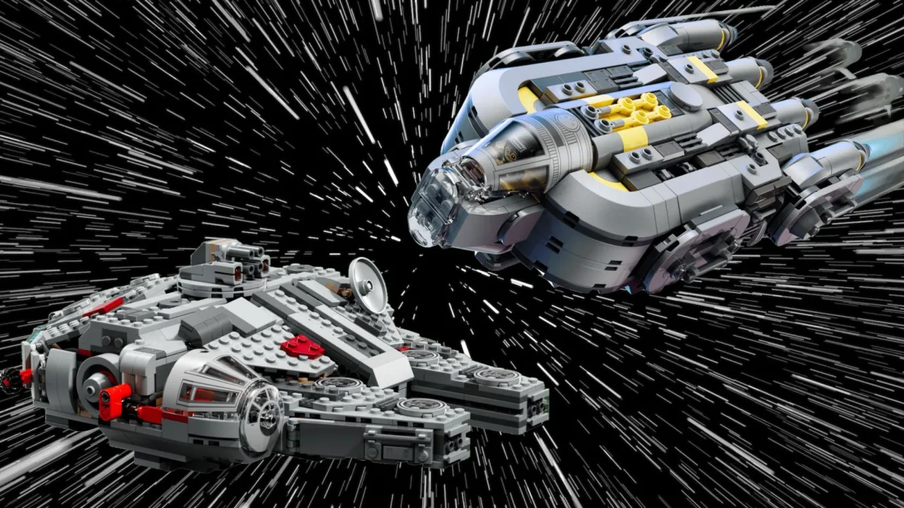 Millennium Falcon e Anzellan Starship da LEGO Star Wars em destaque, com selo de desconto da Amazon ao fundo