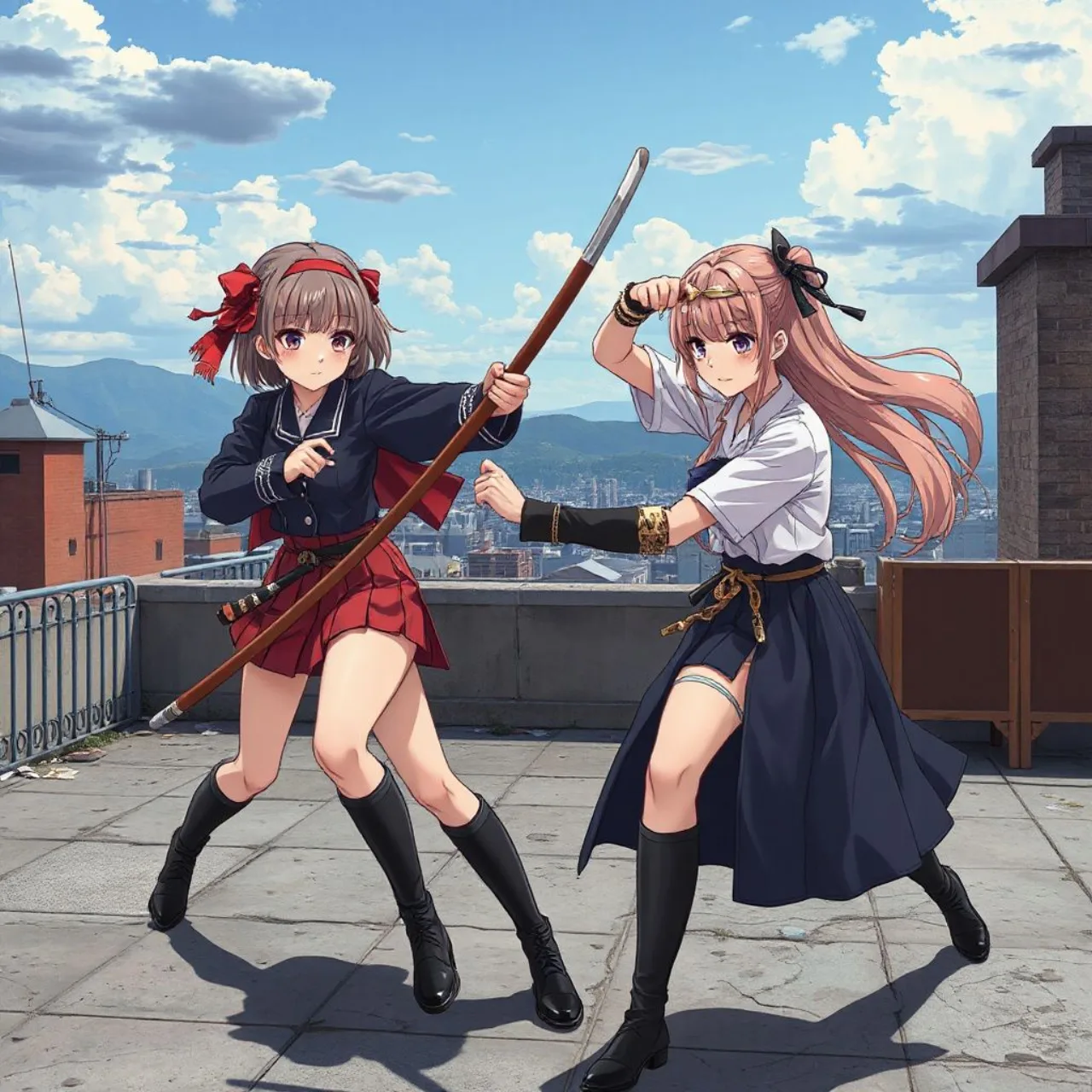 Kishika e as demais garotas empunhando shinai, vestidas com hakama, no duelo de kendo dentro de um dojo