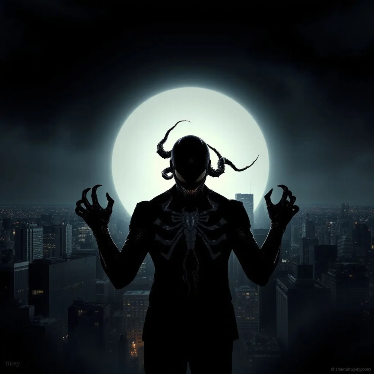 Venom em traje negro abraça Eddie Brock, com o logo da série “Venom” ao fundo
