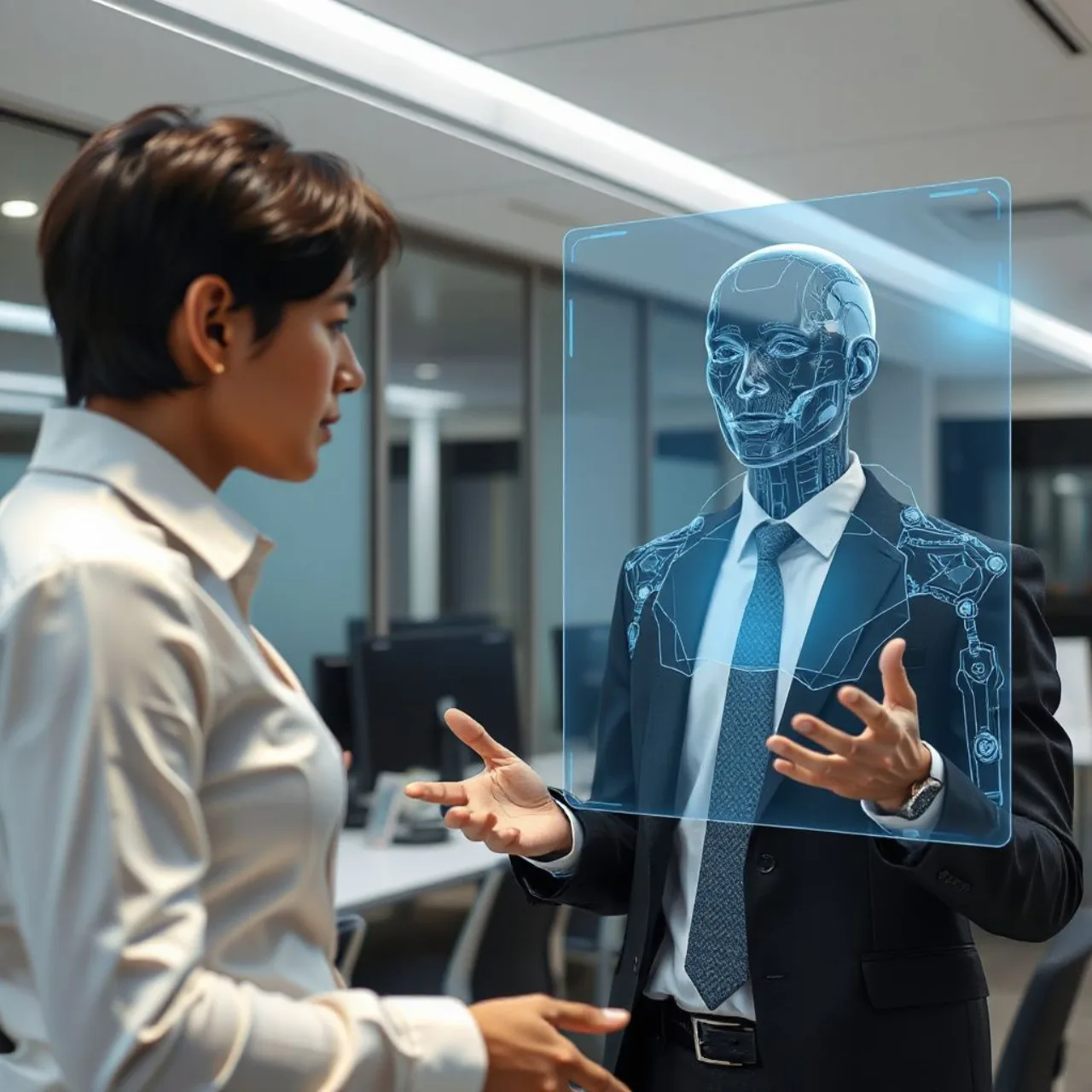 Candidato em terno conversa via videoconferência com avatar digital ao lado do logo da McKinsey