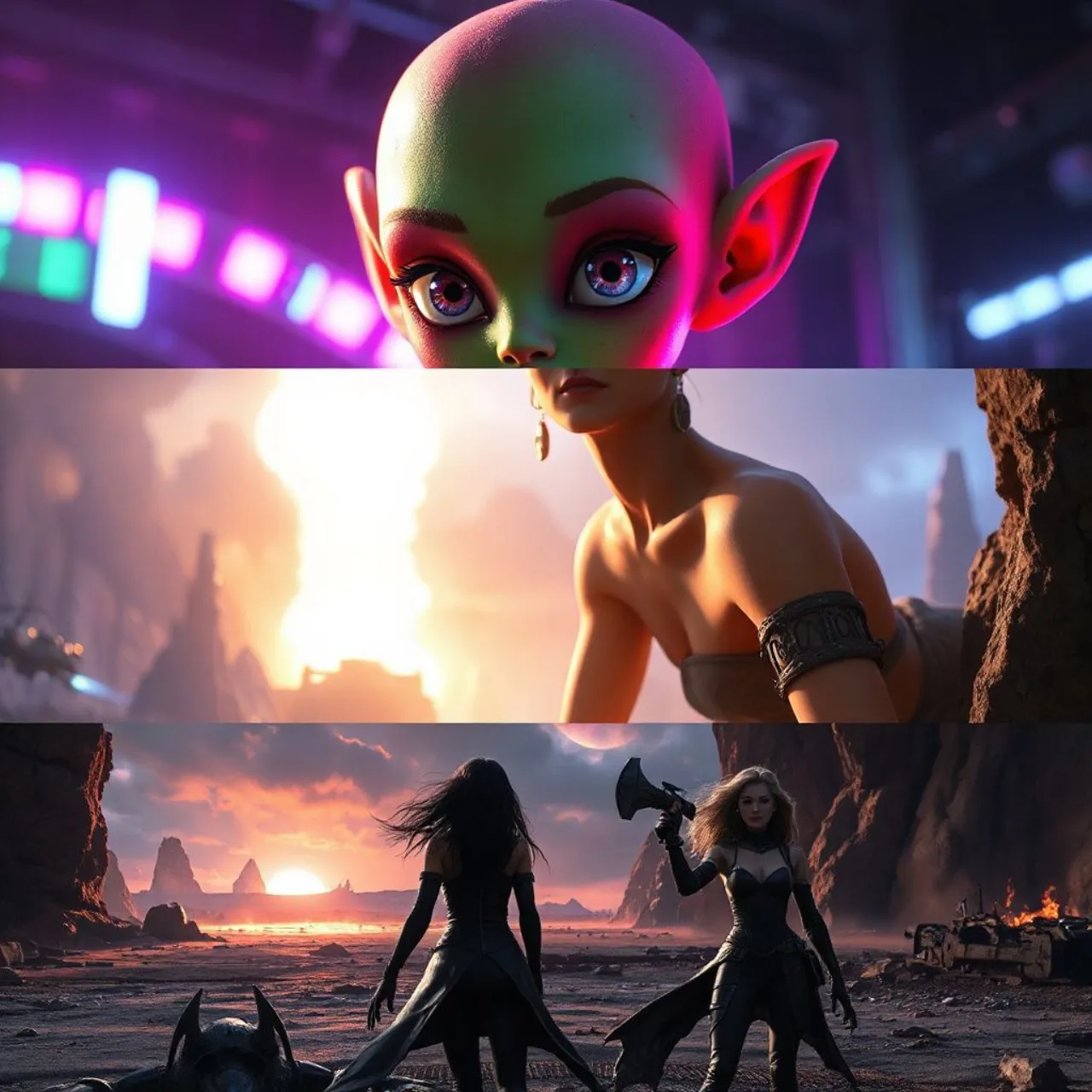 Poster de GROTESQQQUE mostra três personagens estilizados em ação, com o logo neon do filme sobre um fundo cyberpunk