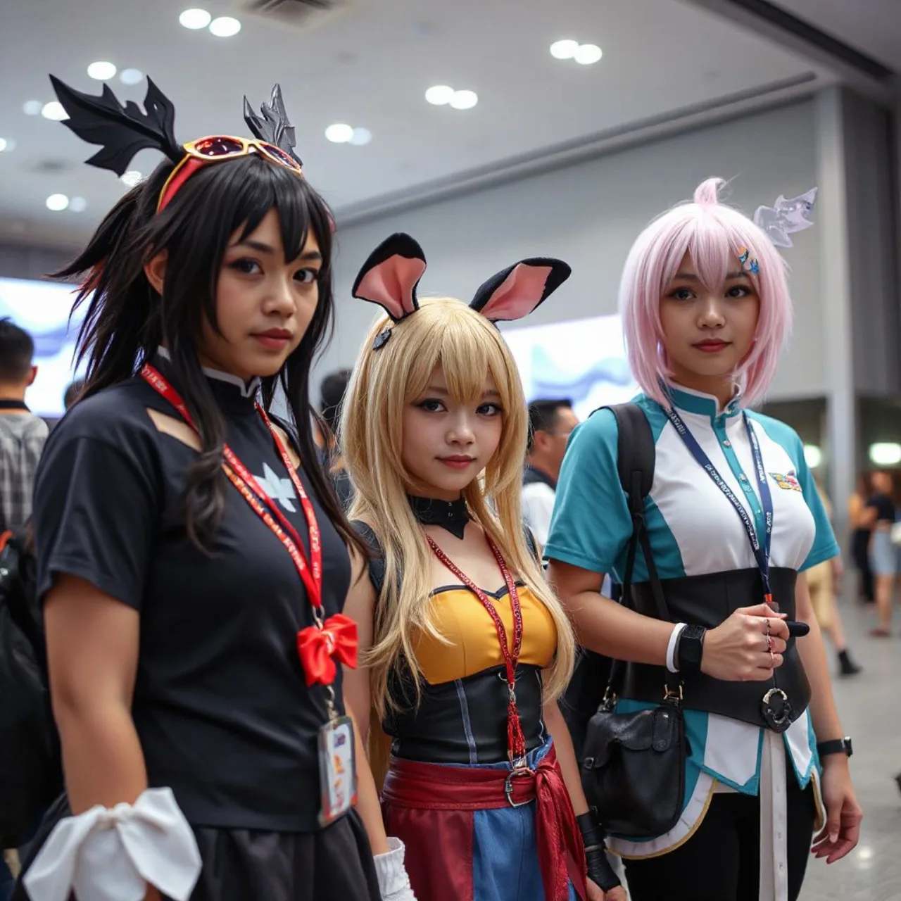 Cosplayer posando com acessórios detalhados e figurino vibrante em um estande iluminado de convenção geek