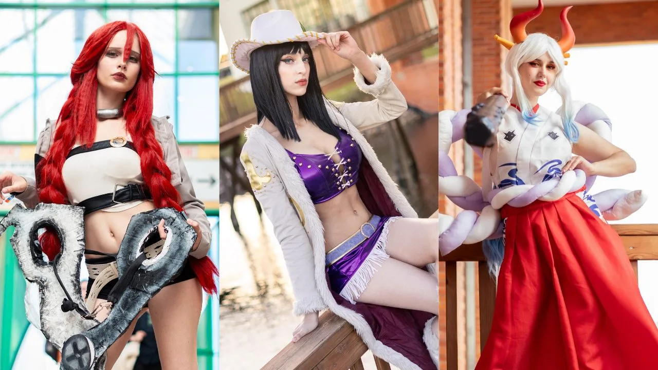 Cosplayers em trajes detalhados de Goku, Naruto e Sailor Moon posam em frente ao palco iluminado da Iberanime Santarém