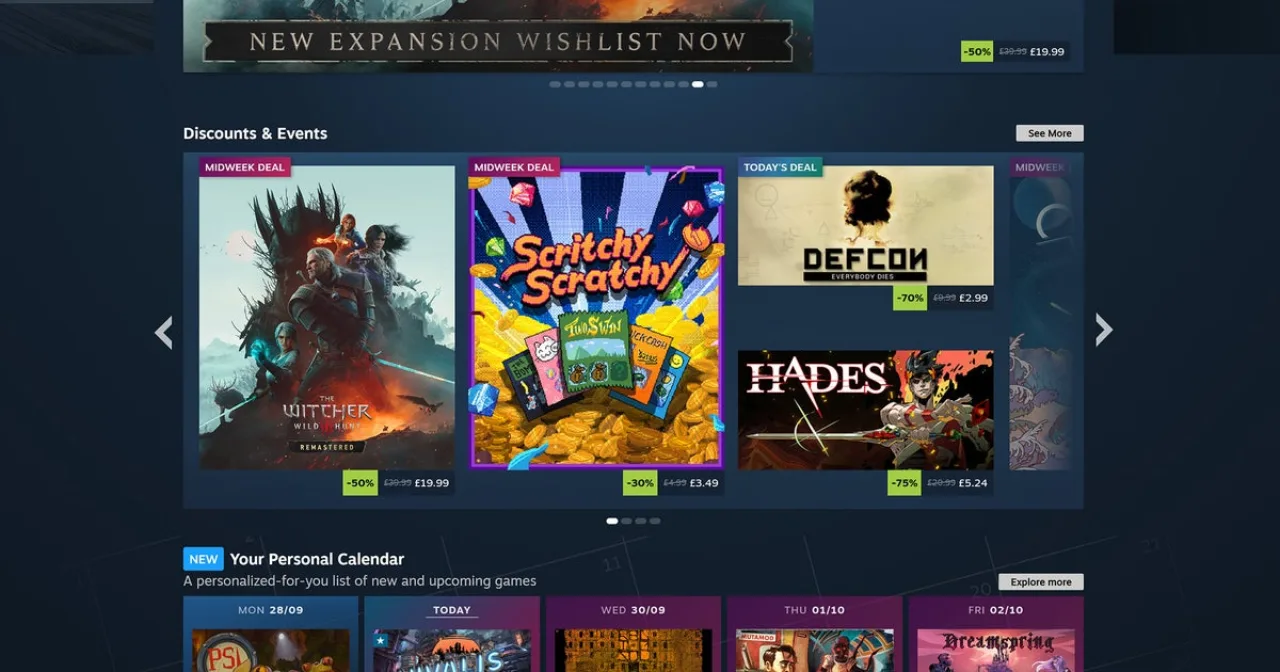 Tela da Steam exibindo a nova seção 'Discounts & Events' com thumbnails de jogos e algoritmo de recomendações ao fundo