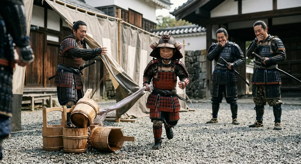 Jovem em traje samurai faz agachamento com kettlebell em forma de katana, ao lado de shake de proteína verde
