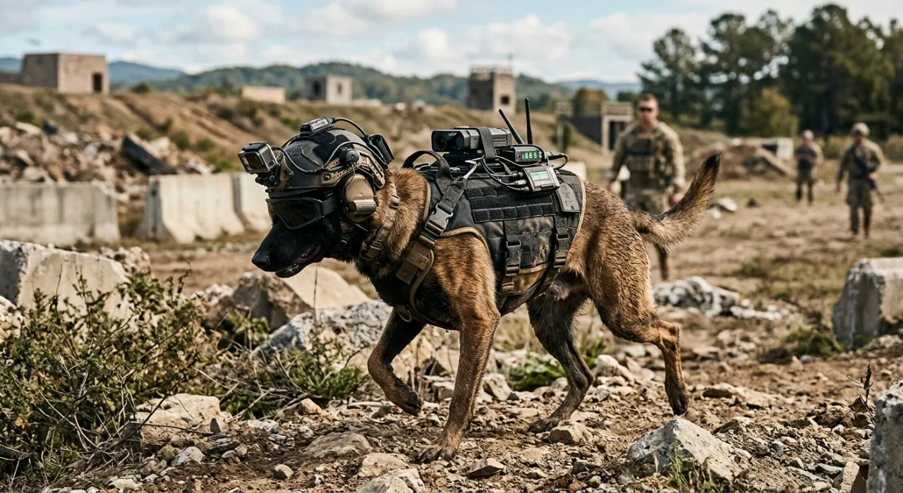 Cão de combate equipado com colete e sensores Anduril, ao lado de logo da Warhound em fundo industrial