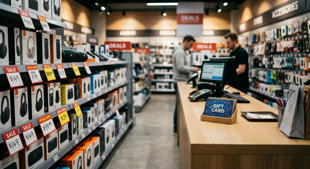Jovem de roupa fitness, usando fones e smartwatch, segura cartão-presente da Best Buy ao lado de halteres