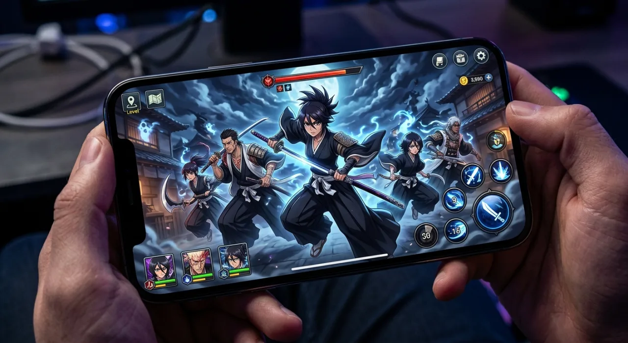 Logo de Bleach Mirrors High ao lado de novos Soul Reapers estilizados por Tite Kubo, exibidos em tela de smartphone