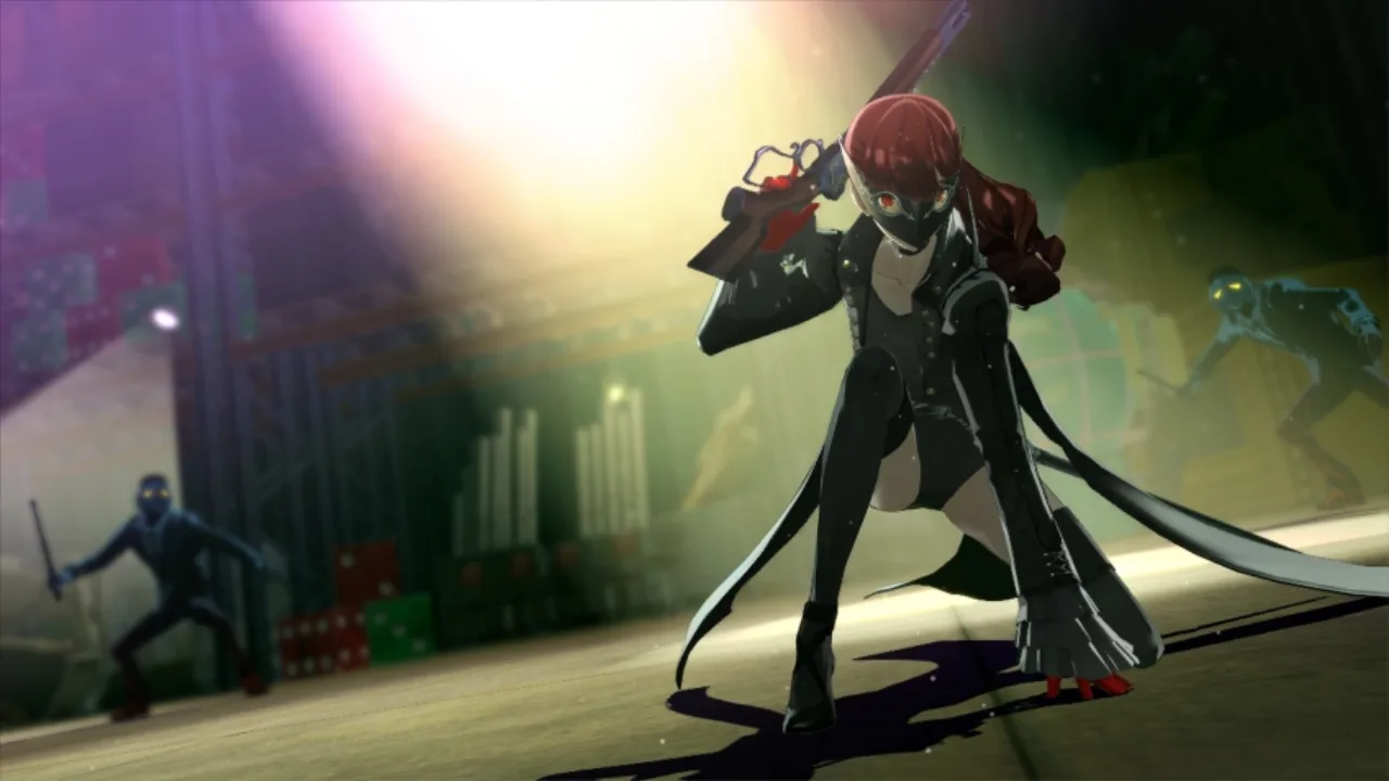Jovem em roupa de treino joga Persona 5 Royal no Xbox, cercado de halteres e garrafa de água