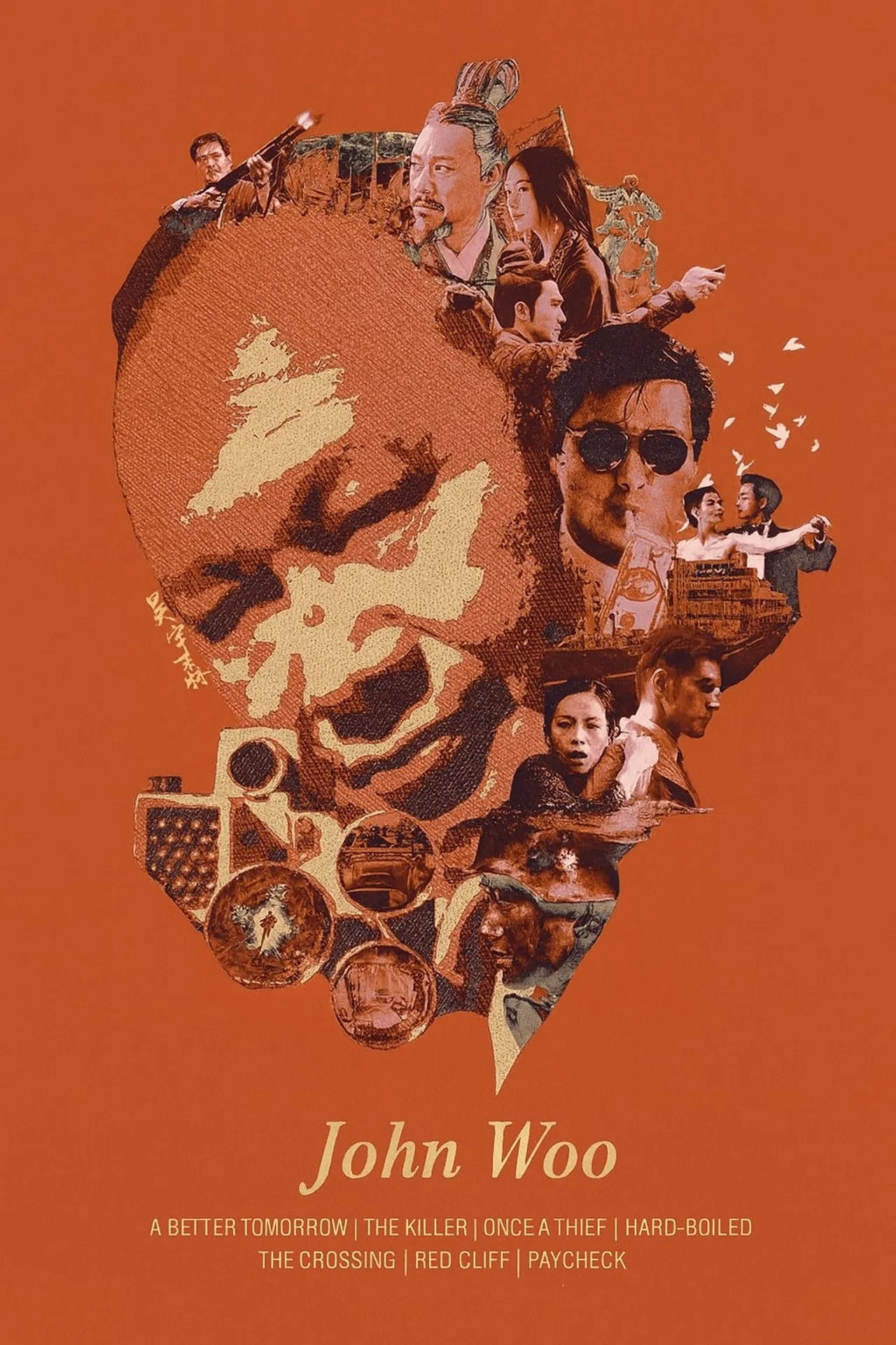 Atleta em pose de agachamento segurando halteres, suado, com fundo de cinema neon e pôster de John Woo